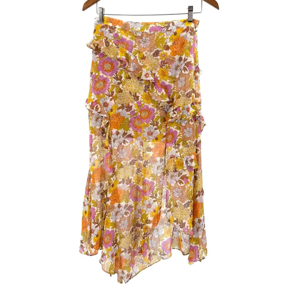 Veronica Beard Orange Purple Floral Silk Asymmetrical Ruffle Skirt